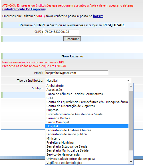 Seleção do tipo de instituição no cadastro no Núcleo de Segurança do Paciente