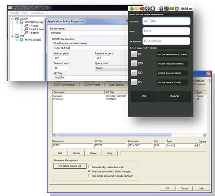 Capturas de tela de diferentes softwares PACS mostrando configurações de conectividade DICOM com campos IP, AE Title e porta em interfaces diversas