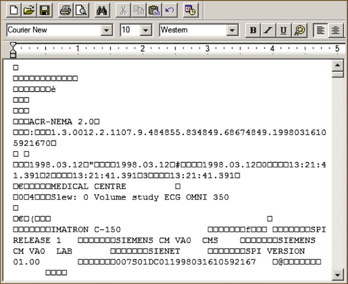 Estructura de codificación de elementos de datos DICOM mostrando tag, VR, longitud y valor en formato binario