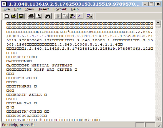 Dump hexadecimal de arquivo DICOM mostrando preâmbulo de 128 bytes, prefixo DICM e elementos do grupo 0002 de meta informação
