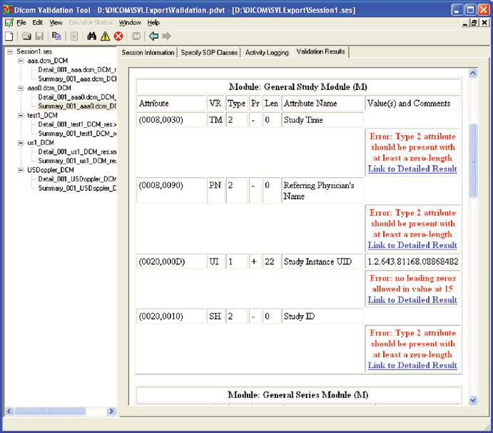 Ferramenta de validação DICOM mostrando verificação de atributos do General Study Module com erros de Type 2