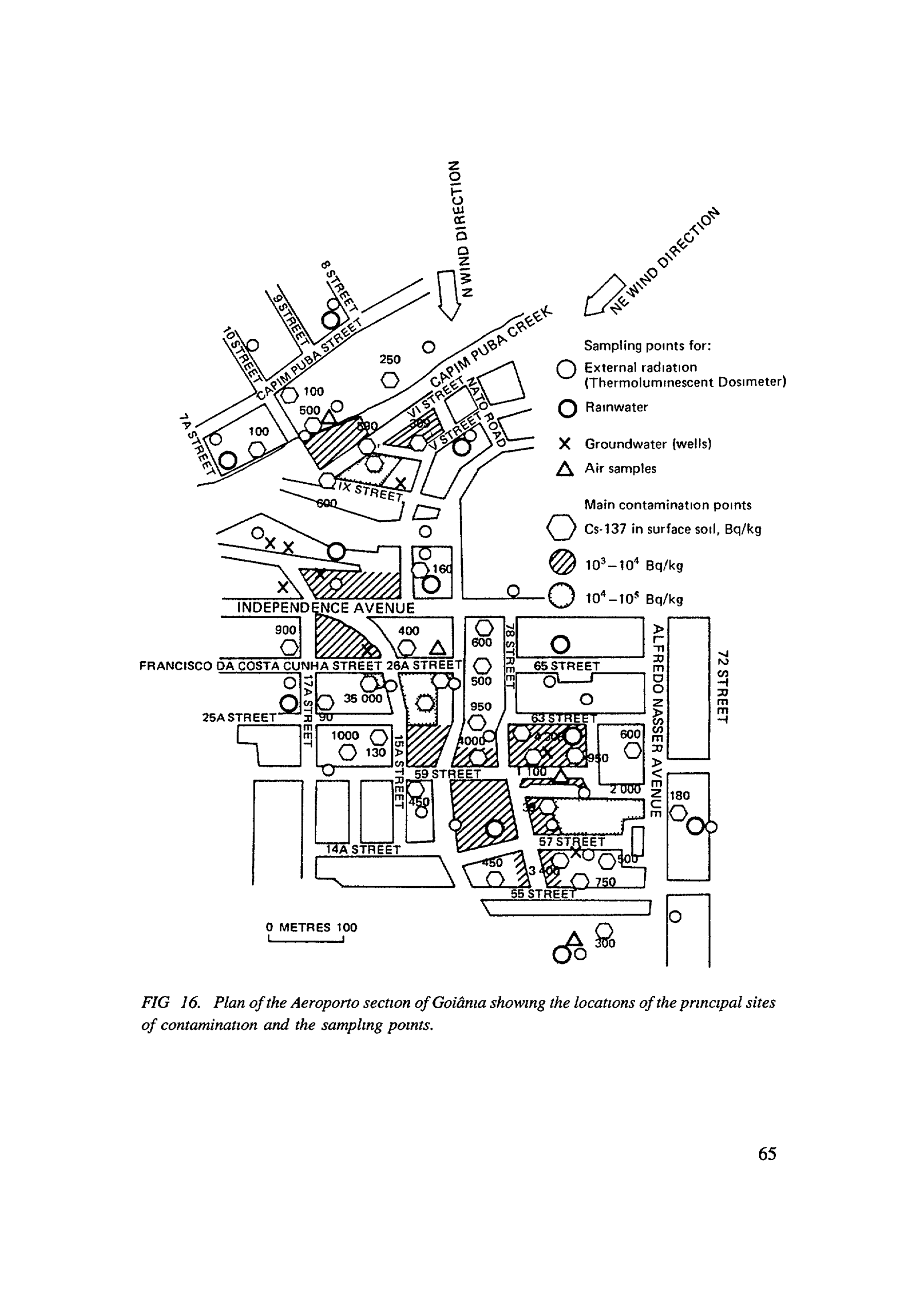 Mapa do bairro Aeroporto em Goiânia mostrando os principais focos de contaminação por césio-137 e pontos de amostragem ambiental