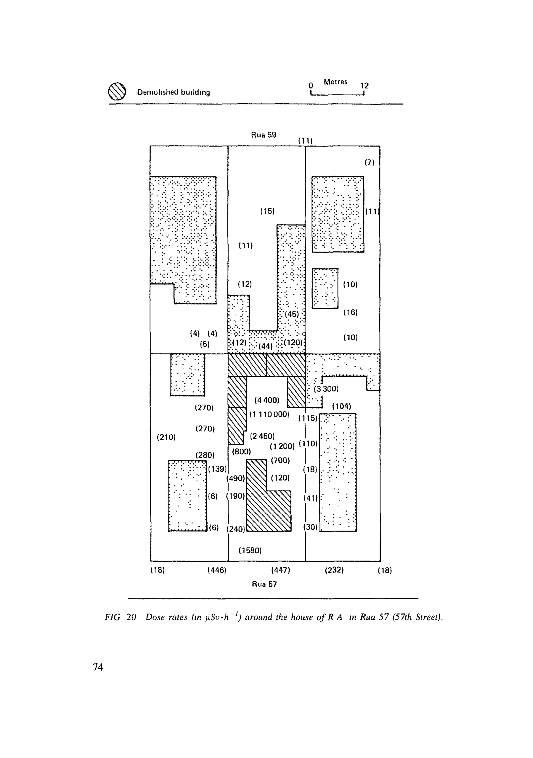 Mapa de taxas de dose em microsievert por hora ao redor da casa na Rua 57 em Goiânia, onde a cápsula de césio-137 foi rompida