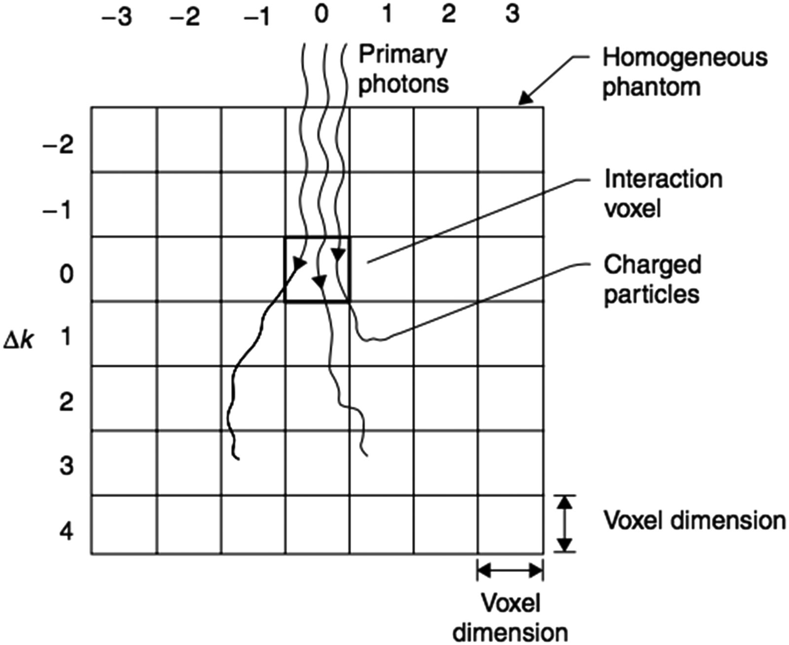 Energy deposition kernel generation by Monte Carlo computation in homogeneous phantom showing charged particles set in motion by primary photons