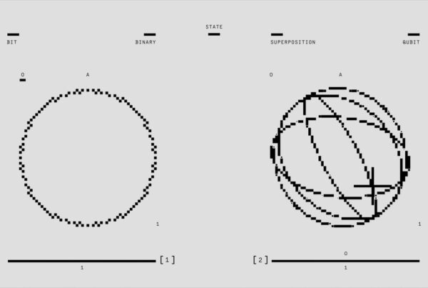 Ilustracao de bit binario classico versus qubit quantico em computacao quantica hiperdimensional