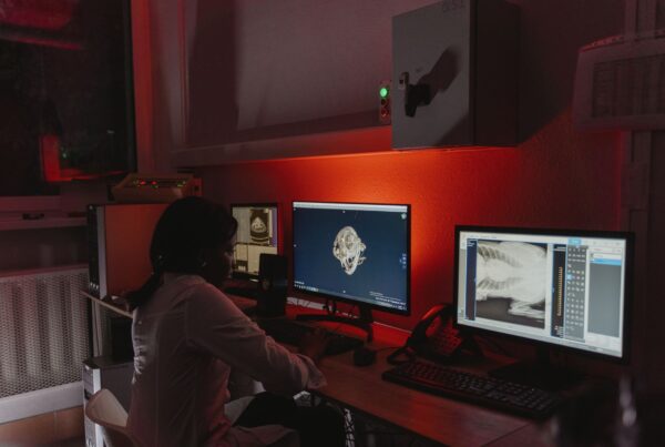 Radiologista analisando exames de imagem em monitores na sala de laudos