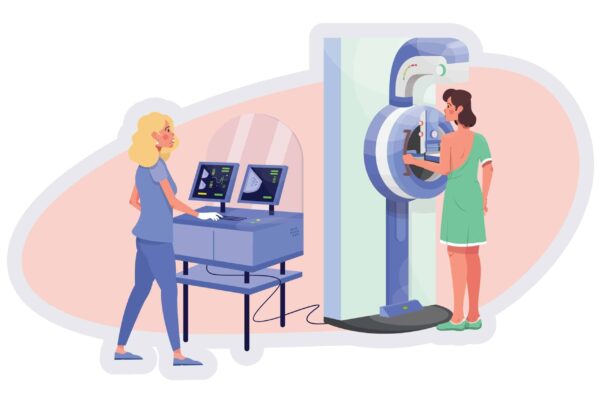 Ilustração de exame de mamografia: técnica no console de comando e paciente posicionada no mamógrafo durante rastreamento de câncer de mama