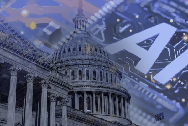 Montagem do Capitólio dos Estados Unidos sobreposta à sigla AI e a uma placa de circuito, representando a regulação federal de inteligência artificial em imagem médica