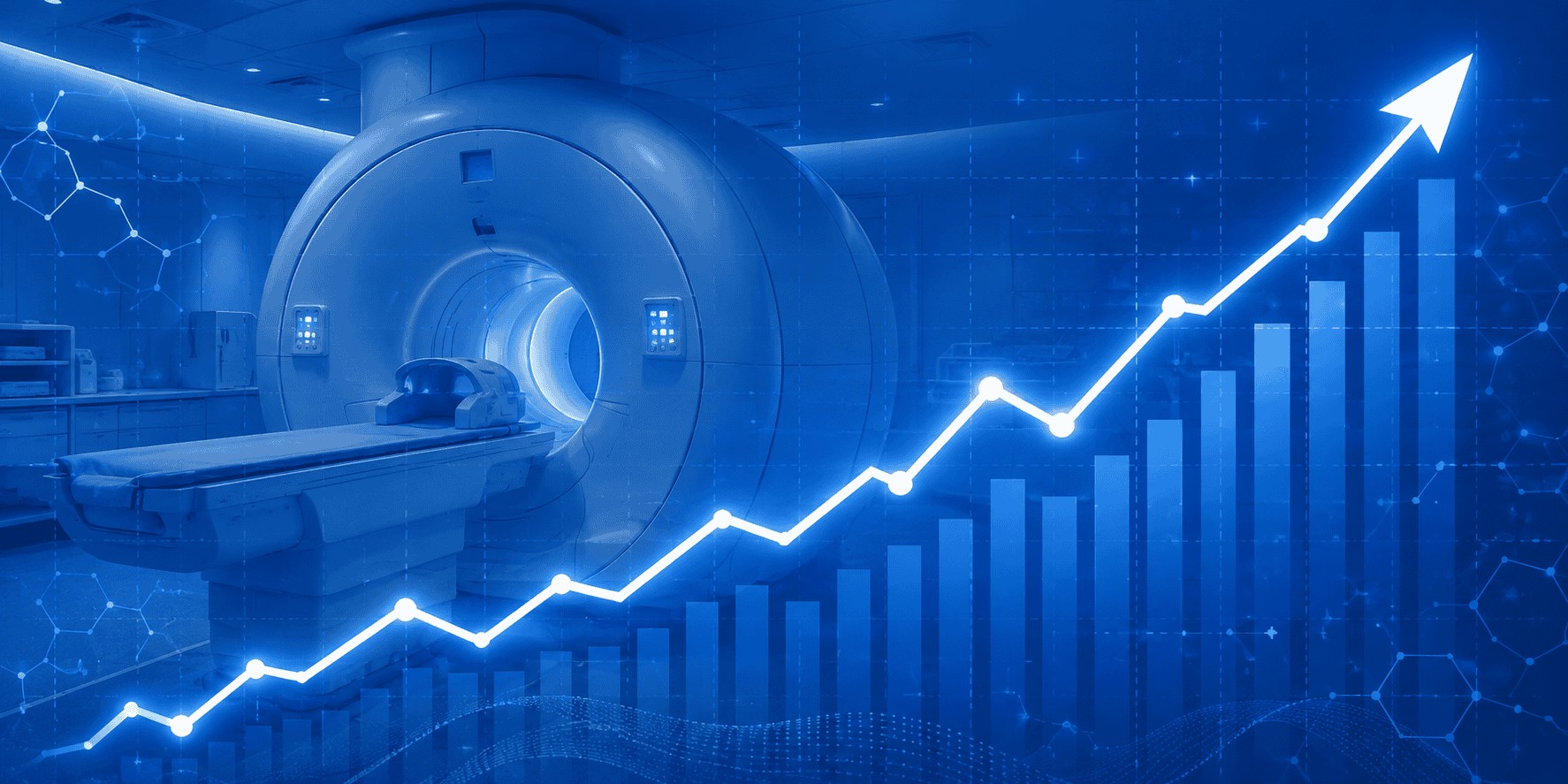 CT scanner with a rising chart representing longer radiology report turnaround times