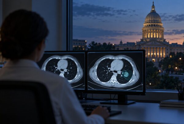 Sala de laudos de radiologia com monitores de tomografia de tórax e destaque de IA, com a cúpula de um capitólio ao fundo