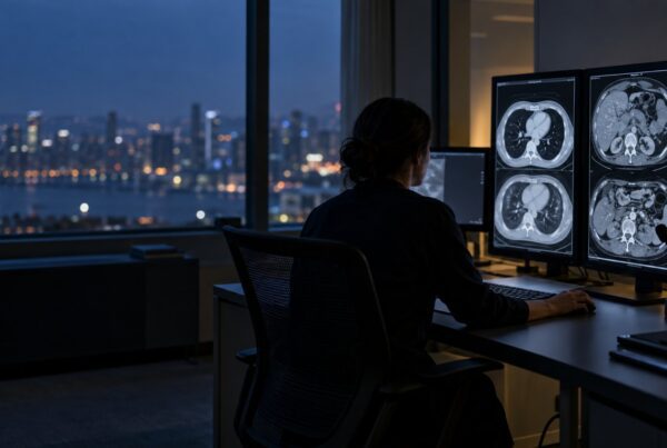 Radiologista de costas em estação de laudo com monitores de tomografia, em central de telerradiologia à noite