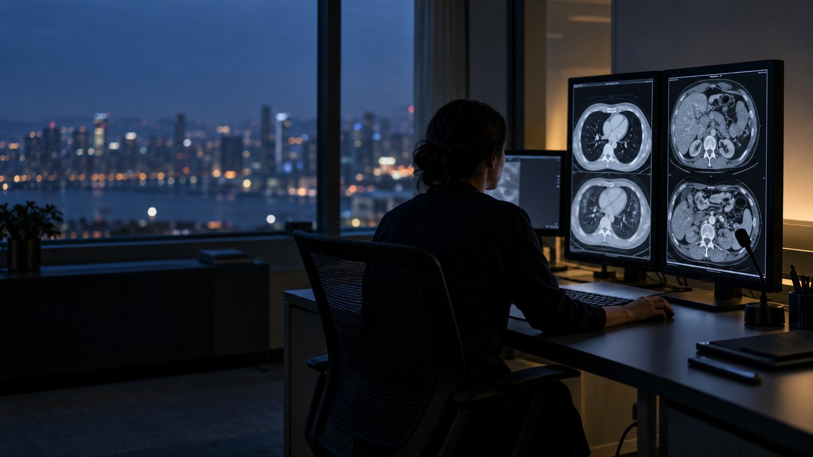 Radiologista de costas em estação de laudo com monitores de tomografia, em central de telerradiologia à noite