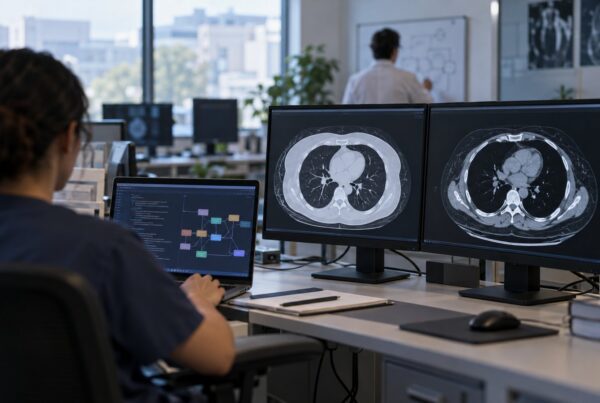 Estação de trabalho de informática em radiologia com monitores de tomografia de tórax e notebook com código